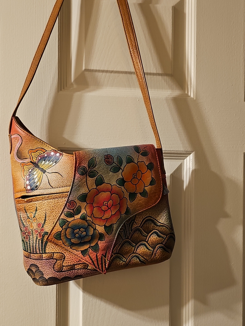 Hand-Painted Floral Leather Shoulder Bag in Multicolor ( Anuschka)